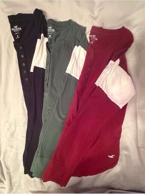 Hollister Black, Olive Green & Burgundy Henley Button Tee Set